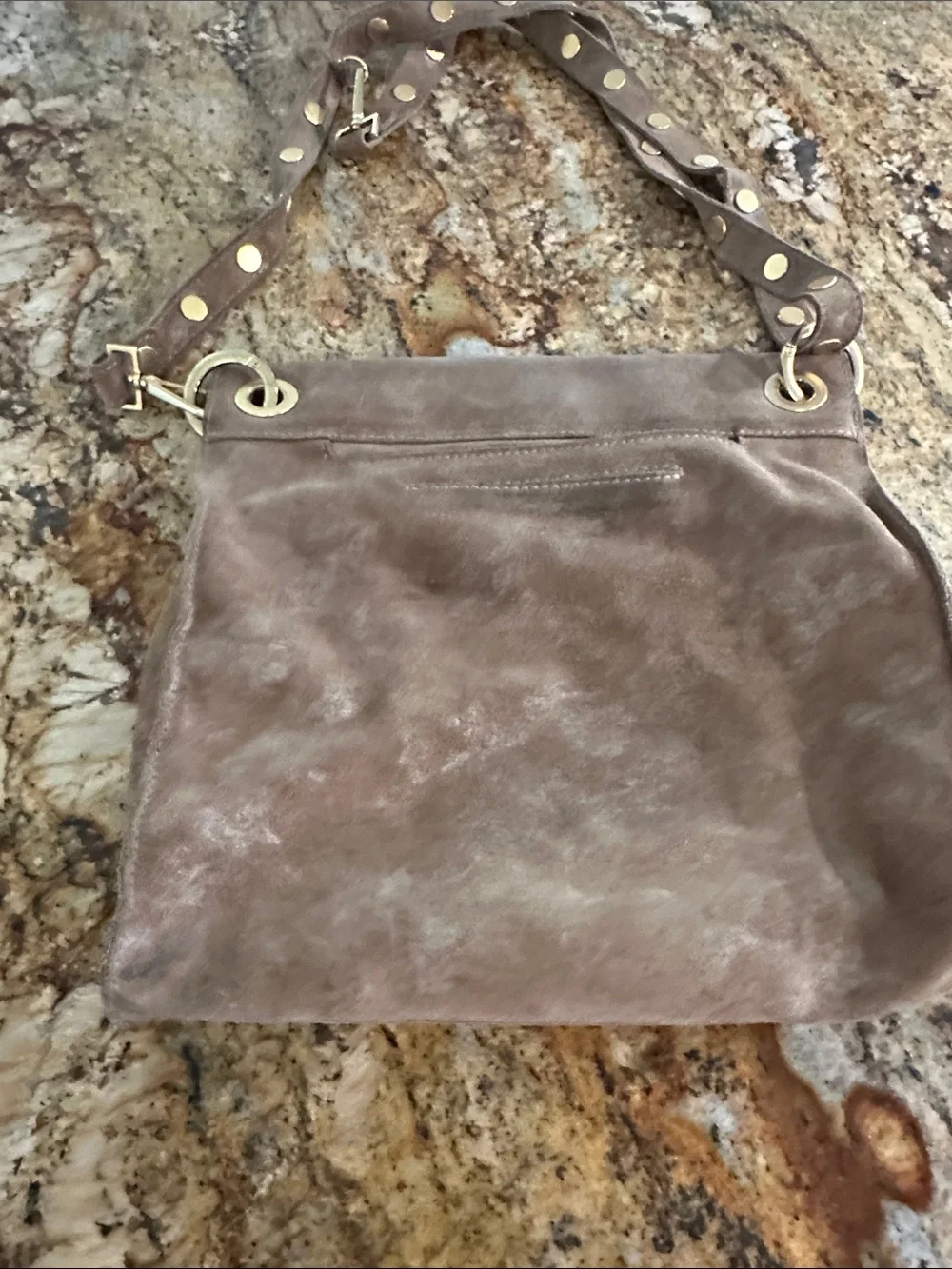 Taupe Suede Shoulder Bag with Gold Stud Accents - Women